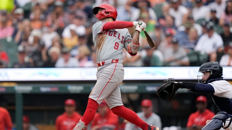 Los Angeles Angels' Zach Neto connects for a two-run home...