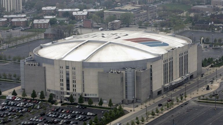 This is an aerial photograph of the United Center taken...