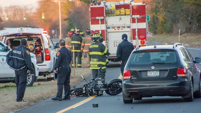 Police said a motorcyclist was taken to Stony Brook University...