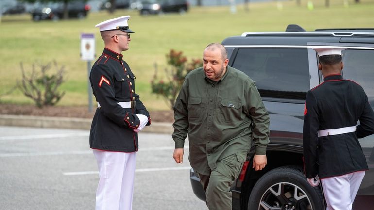 Ukraine's Minister of Defense Rustem Umerov arrives for a social...