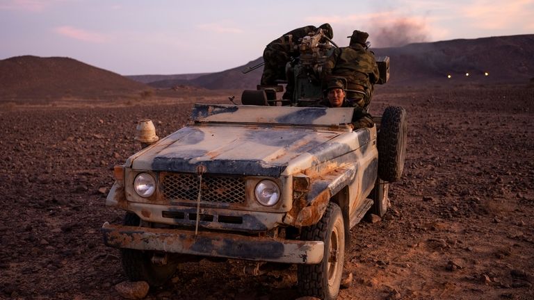 Polisario Front soldiers during a shooting exercise near Mehaires, Western...