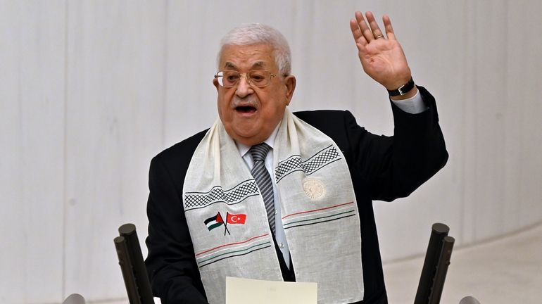 Palestinian President Mahmoud Abbas, addresses a speech during an extraordinary...