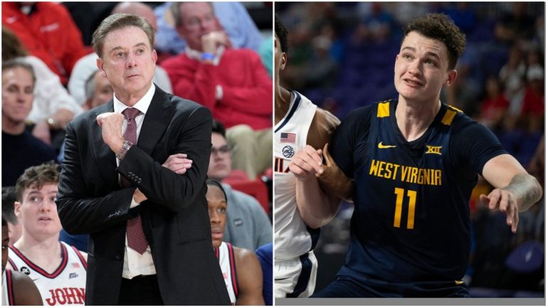 St. John's coach Rick Pitino and West Virginia forward Quinn Slazinski...