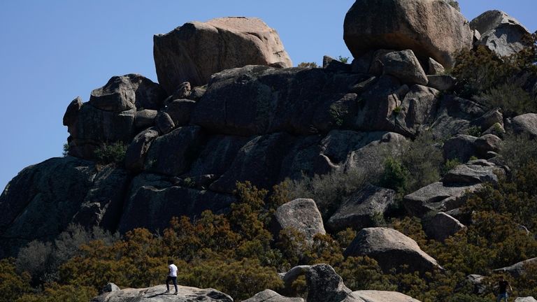 An asylum-seeker tries to find cell phone signal by climbing...