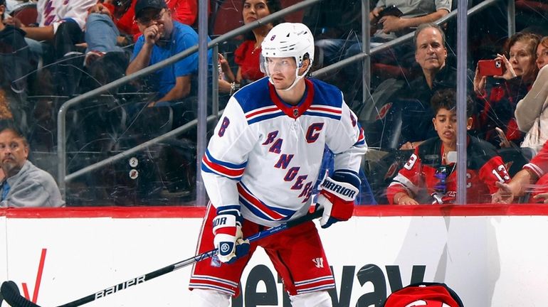 Jacob Trouba #8 of New York Rangers at Prudential Center...