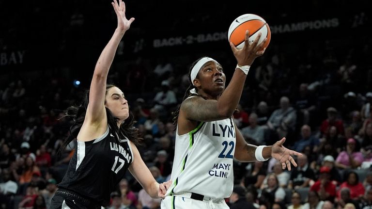 Minnesota Lynx Myisha Hines-Allen shoots around Las Vegas Aces center...