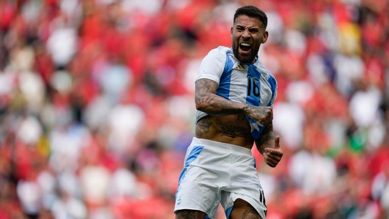 Argentina's Nicolas Otamendi celebrates his side's second goal scored by...