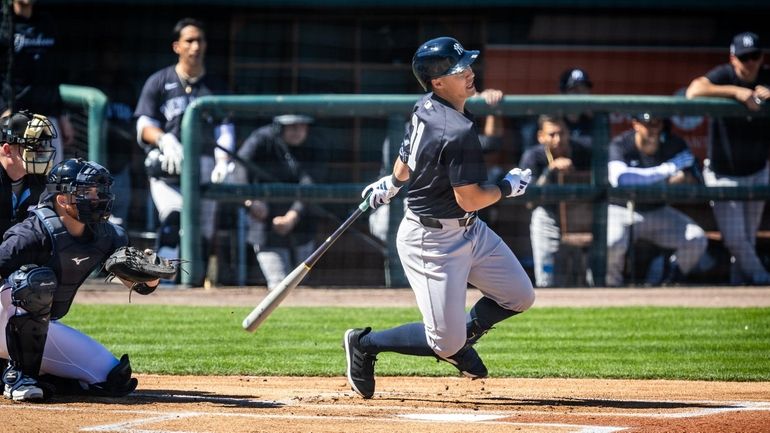 Yankees’ Anthony Volpe gets a base hit in the top...