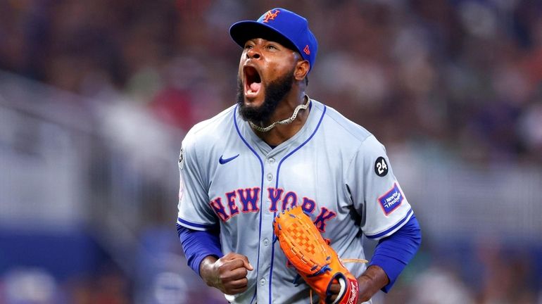 Luis Severino of the Mets reacts during the fourth inning of...