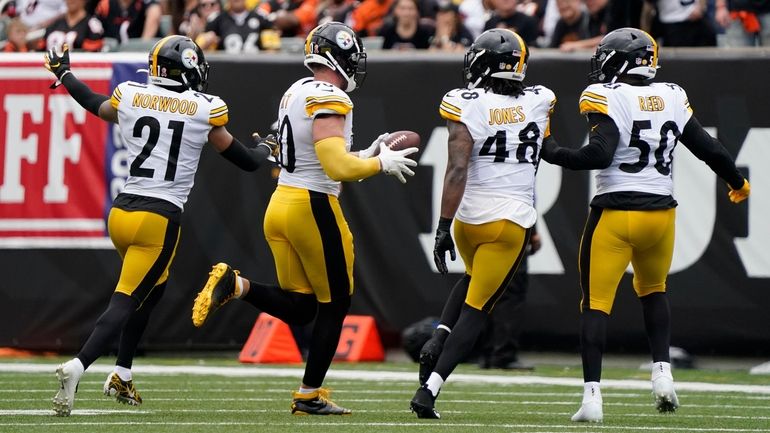 Pittsburgh Steelers linebacker T.J. Watt (90) celebrates an interception during...