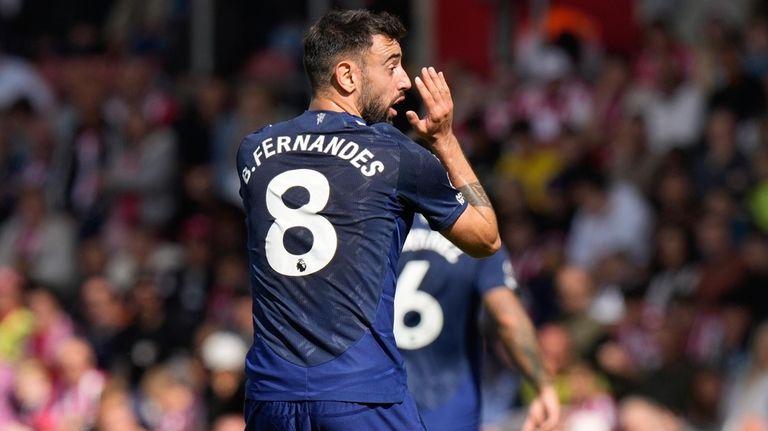 Manchester United's Bruno Fernandes reacts after not getting a corner...