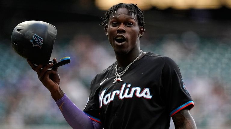 Miami Marlins' Jazz Chisholm Jr. reacts during the second inning...