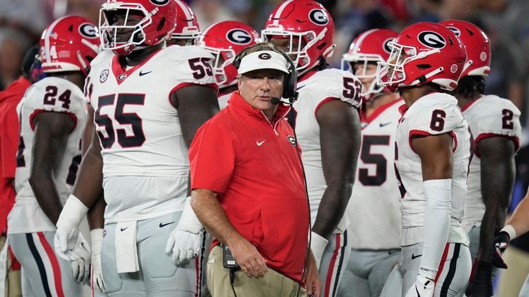 Georgia head coach Kirby Smart looks on during the first...