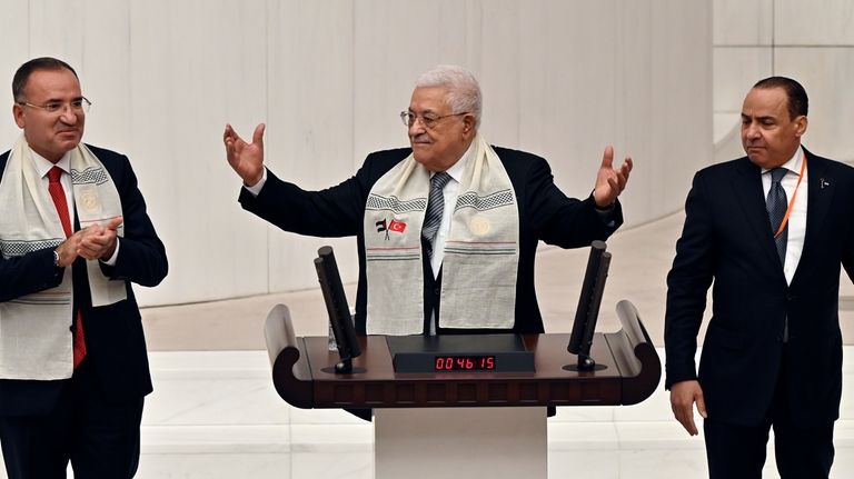 Palestinian President Mahmoud Abbas, addresses a speech during an extraordinary...