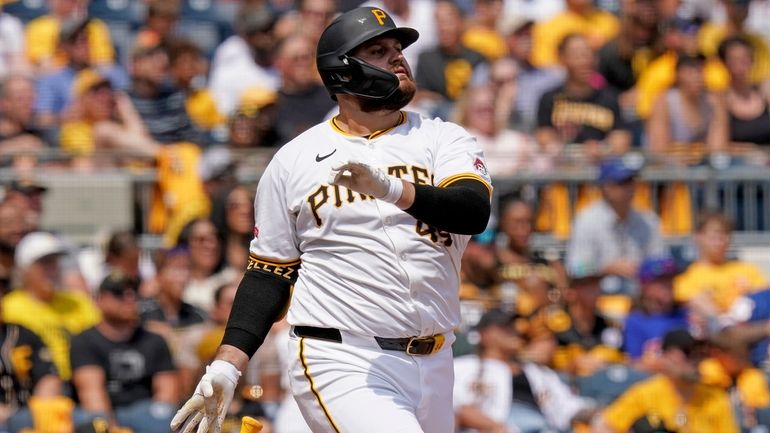 Pittsburgh Pirates' Rowdy Tellez watches his two-run home run during...