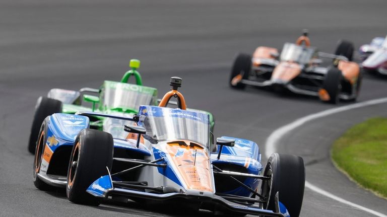 Kyle Larson drives during the Indianapolis 500 auto race at...