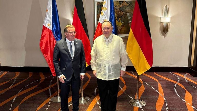 German Defense Minister Boris Pistorius, left, meets with his Philippine...