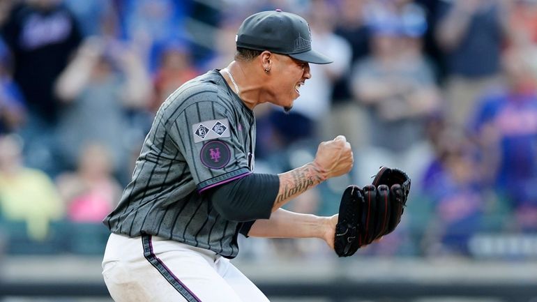 Dedniel Nunez of the Mets reacts after defeating the Rockies at...