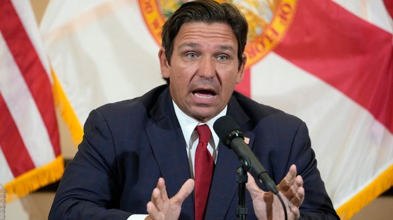 Florida Gov. Ron DeSantis gestures as he answers questions after...