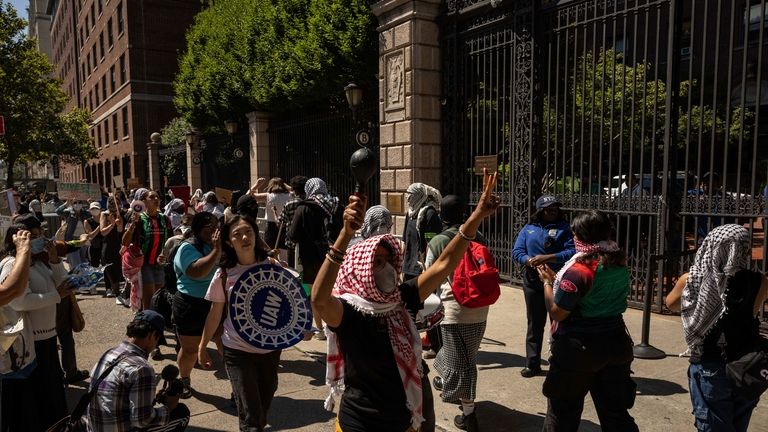 Pro-Palestinian supporters hold picket line outside Barnard College, Tuesday, Sept....