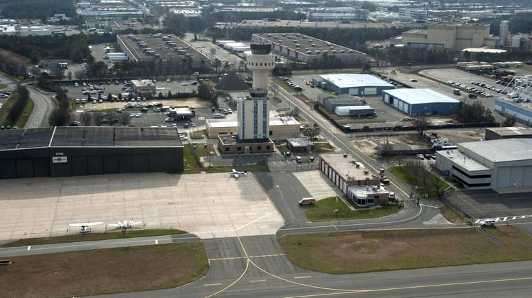 An aerial view of Long Island MacArthur Airport is shown....