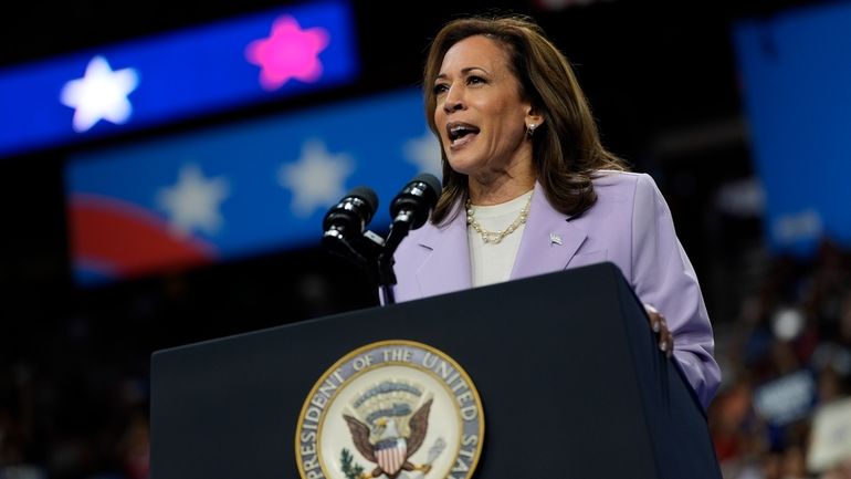 Democratic presidential nominee Vice President Kamala Harris speaks at a...