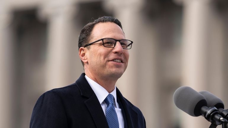 Democratic Gov. Josh Shapiro speaks at the state Capitol in...