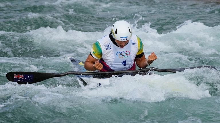 Jessica Fox of Australia reacts at finish of the women's...