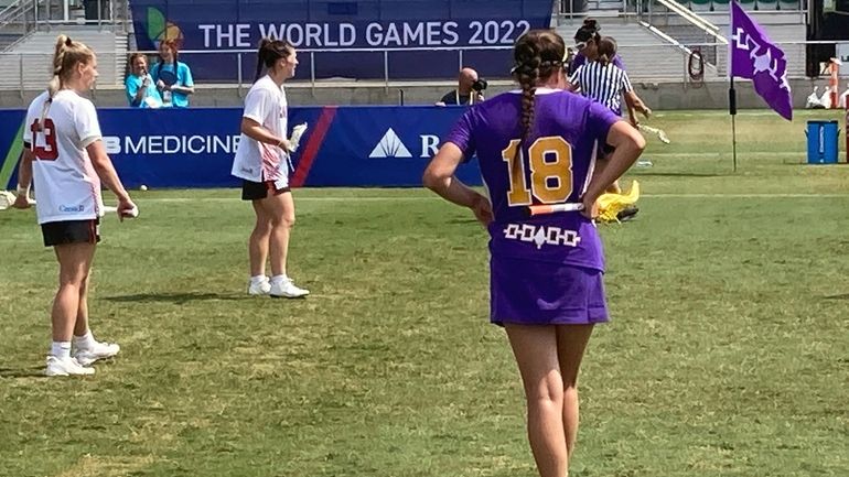 Lois Garlow (18) of the Haudenosaunee Nationals lacrosse team plays...