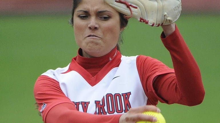 Stony Brook starting pitcher Allison Cukrov delivers in the first...