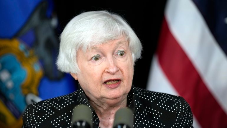 Treasury Secretary Janet Yellen speaks during a news conference in...