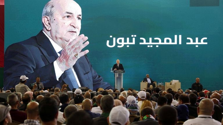 Algerian president and candidate for re-election Abdelmajid Tebboune delivers a...