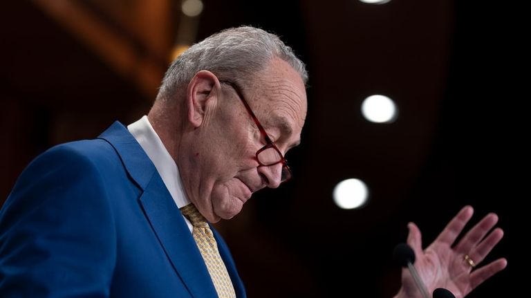 Senate Majority Leader Chuck Schumer, D-N.Y., speaks to reporters after...