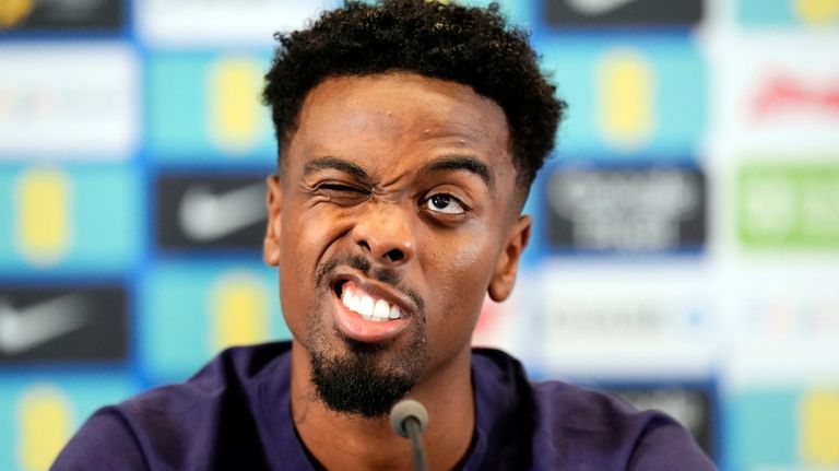 England's Angel Gomes during a press conference in Burton upon...