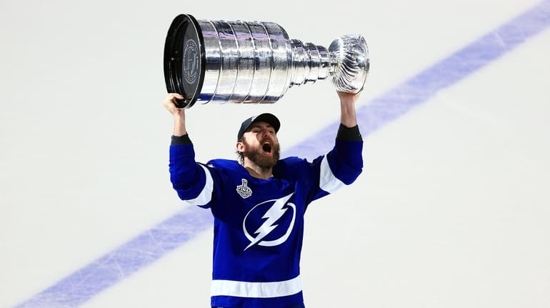 Barclay Goodrow of the Tampa Bay Lightning celebrates with the Stanley...