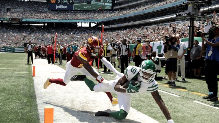 New York Jets wide receiver Jason Brownlee (16) catches a...