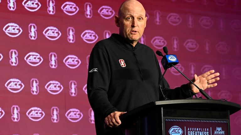 Stanford head coach Troy Taylor speaks during the Atlantic Coast...