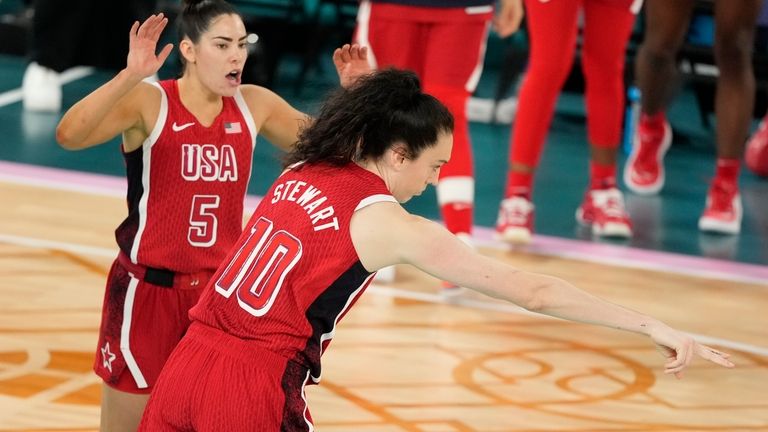 United States' Breanna Stewart (10) and United States' Kelsey Plum...