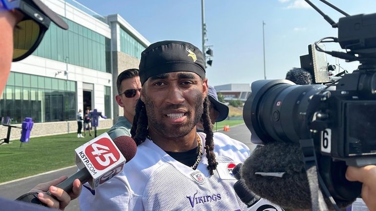 Minnesota Vikings cornerback Stephon Gilmore speaks with reporters after his...