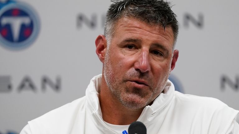 Tennessee Titans head coach Mike Vrabel responds to questions during...