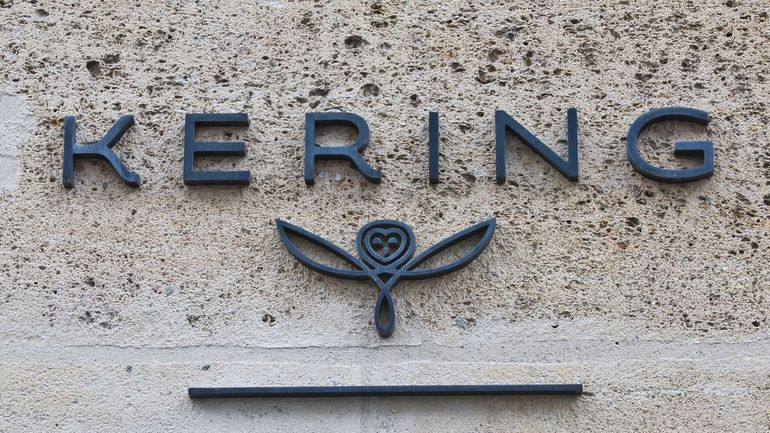 The logo of French luxury group Kering is pictured in...