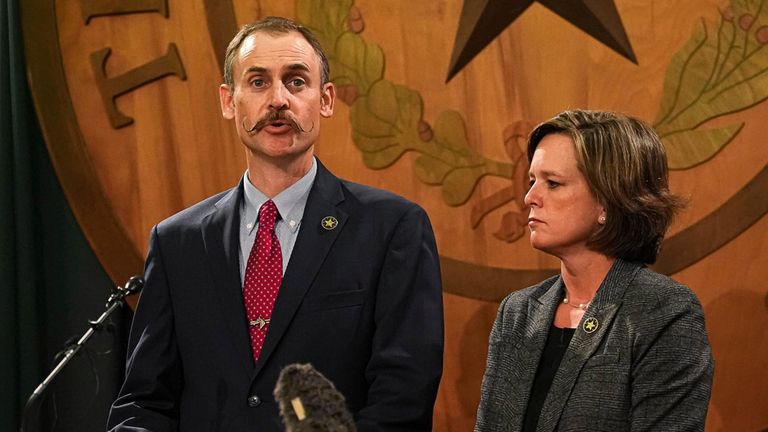 House impeachment manager Rep. Andrew Murr, left, speaks at a...