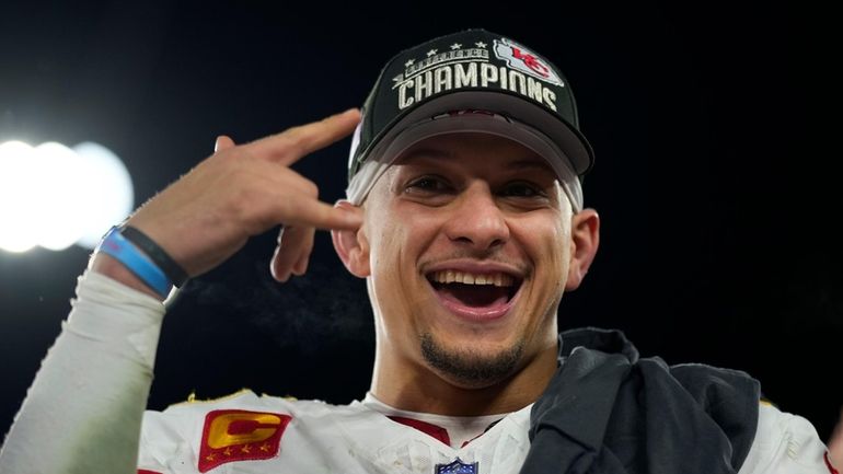 Kansas City Chiefs quarterback Patrick Mahomes (15) celebrates after the...