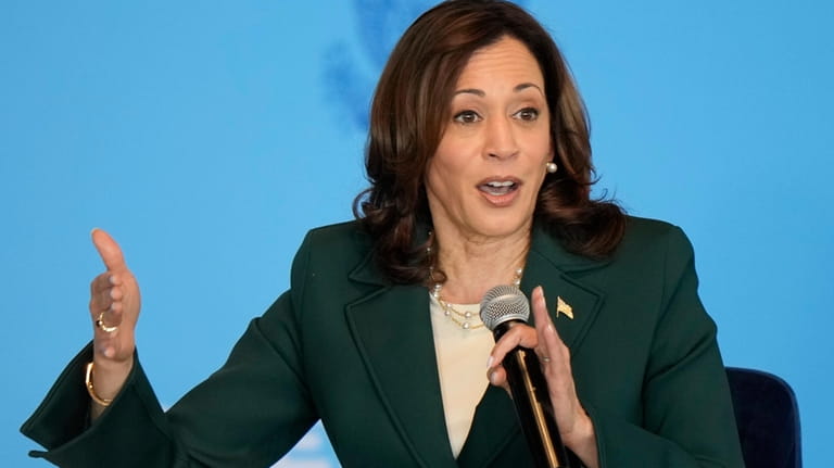 Vice President Kamala Harris speaks during an event at Discovery...