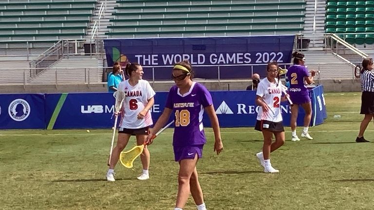 Lois Garlow of the Haudenosaunee Nationals lacrosse team heads toward...