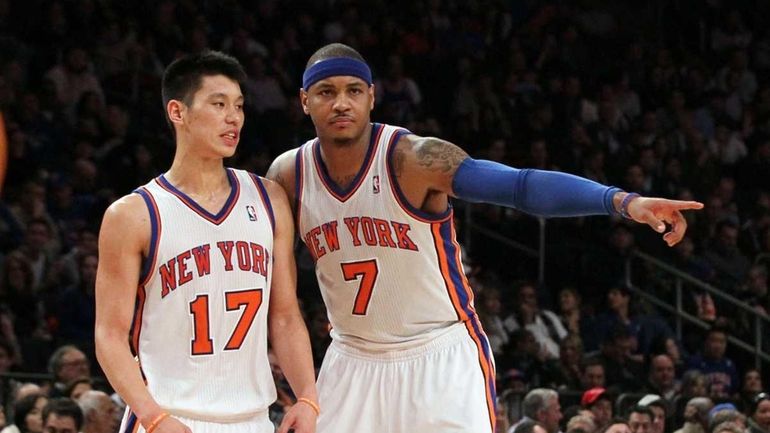 Jeremy Lin and Carmelo Anthony of the Knicks during a...