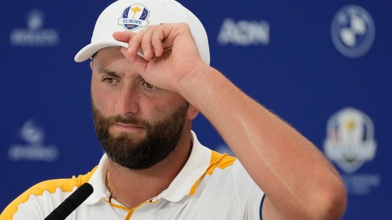 Europe's Jon Rahm attends a press conference ahead of the...