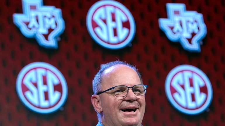 Texas A&M head coach Mike Elko speaks during Southeastern Conference...