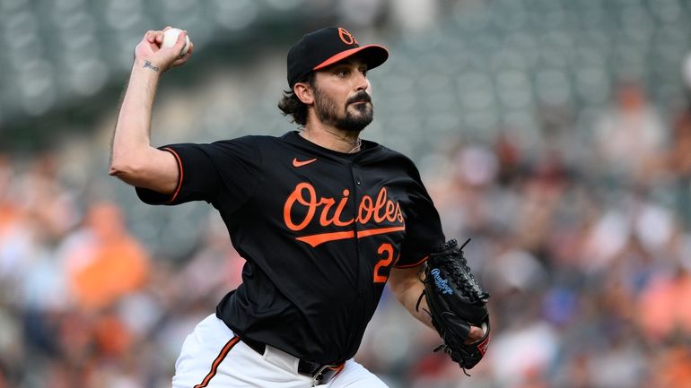 Baltimore Orioles starting pitcher Zach Eflin throws during the second...