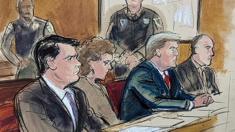 In this courtroom sketch, in New York, Thursday, Feb. 15,...